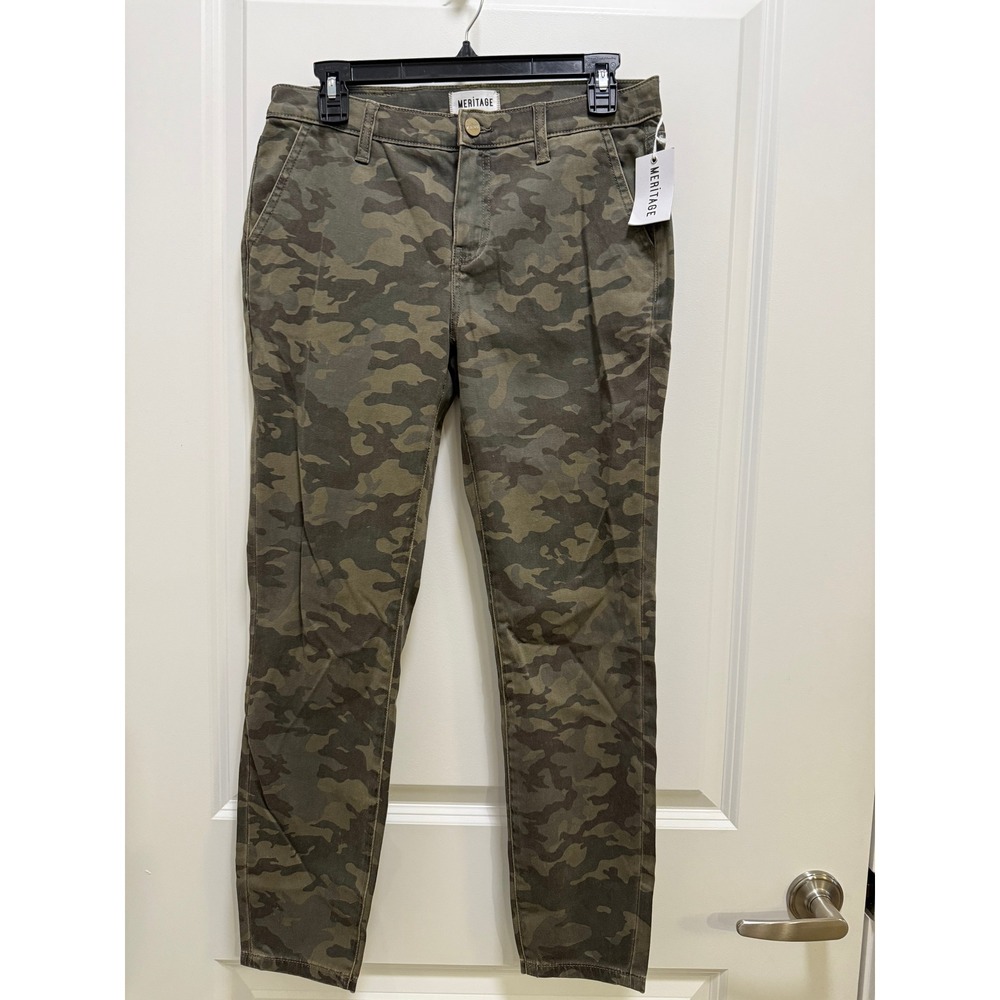 Meritage Womens Camouflage Skinny Pants Olive Green Camo Mid Rise Size 6 NEW